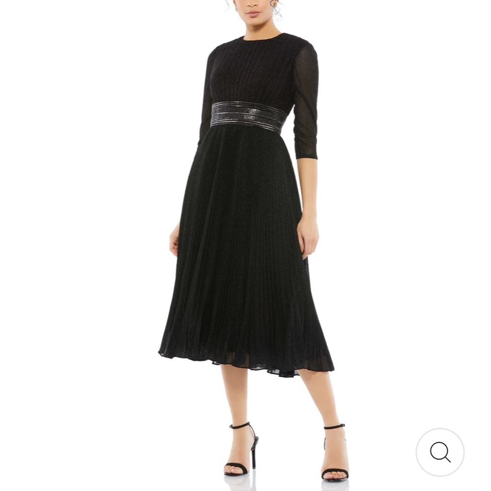 NWT MAC DUGGAL 30750 Black Shimmering 3/4 Sleeve Pleated A-Line Midi Dress Women
